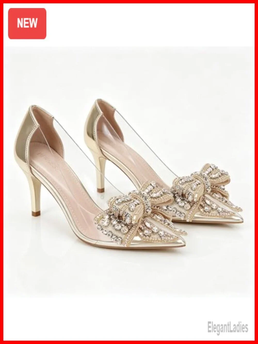 Crystal Bow Pointed Toe Clear Heels, 2.5-inch Kitten Heel, Cushioned Comfort,
